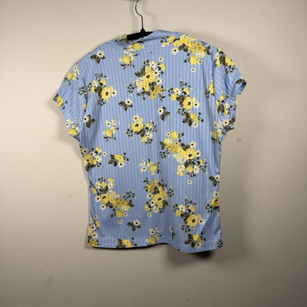 Rue 21 Y2K Top M Blue Ribbed Floral Baby Tee Crew Neck Fitted Retro 90s Casual - Picture 6 of 8